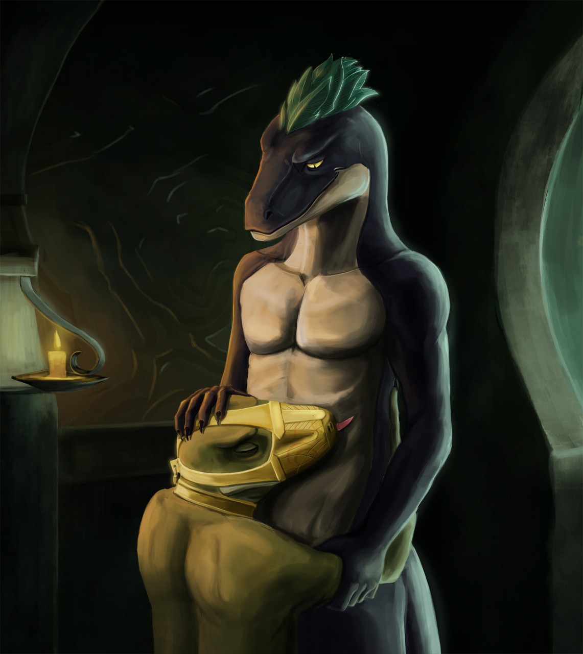 2016 anthro black_body black_scales candle candlelight candlestick collar dominant dominant_male duo embrace eyes_closed feathers gold_(metal) green_body green_feathers green_scales hand_on_arm hand_on_head head_feathers hi_res hug inside kissing kneeling light lizard looking_down_at_partner male male/male master mitokep muzzle_(object) muzzled reptile scales scalie slave standing submissive submissive_male tan_body tan_scales tongue tongue_out yellow_eyes
