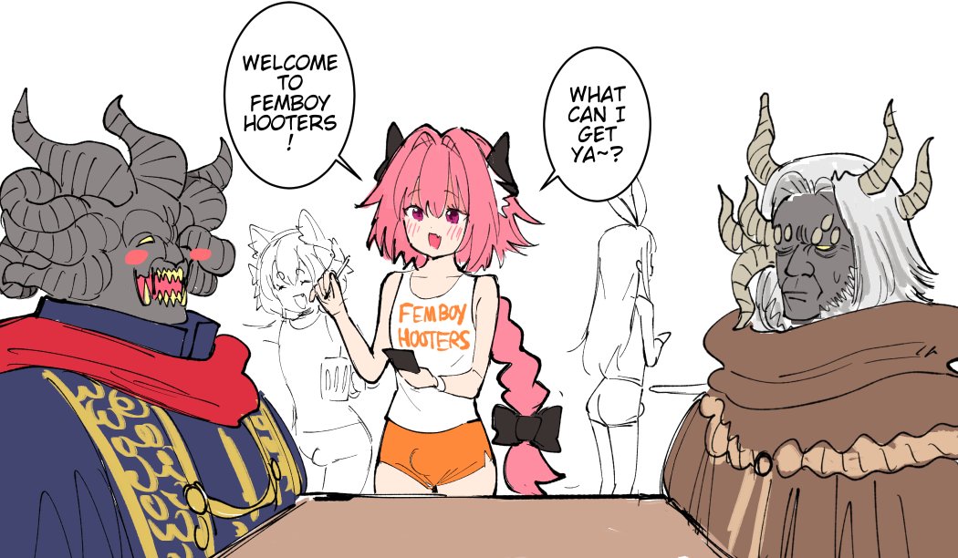 5boys animal_ears astolfo_(fate) bangs blend_s blue_robe blush blush_stickers brothers brown_robe bulge cat_ears closed_mouth colored_skin commentary crossover elden_ring english_commentary eyebrows_visible_through_hair fate/apocrypha fate/grand_order fate_(series) felix_argyle femboy_hooters grey_skin hair_between_eyes hairband hooters horns kanzaki_hideri looking_at_another male_focus mohg_lord_of_blood morgott_the_omen_king multiple_boys multiple_horns one_eye_closed one_eye_covered open_mouth orange_shorts otoko_no_ko pink_eyes pink_hair re:zero_kara_hajimeru_isekai_seikatsu red_scarf robe scarf sharp_teeth shirt short_hair short_shorts shorts siblings sitting smile speech_bubble sweatdrop table teeth twins voc white_background white_hair white_shirt yellow_eyes