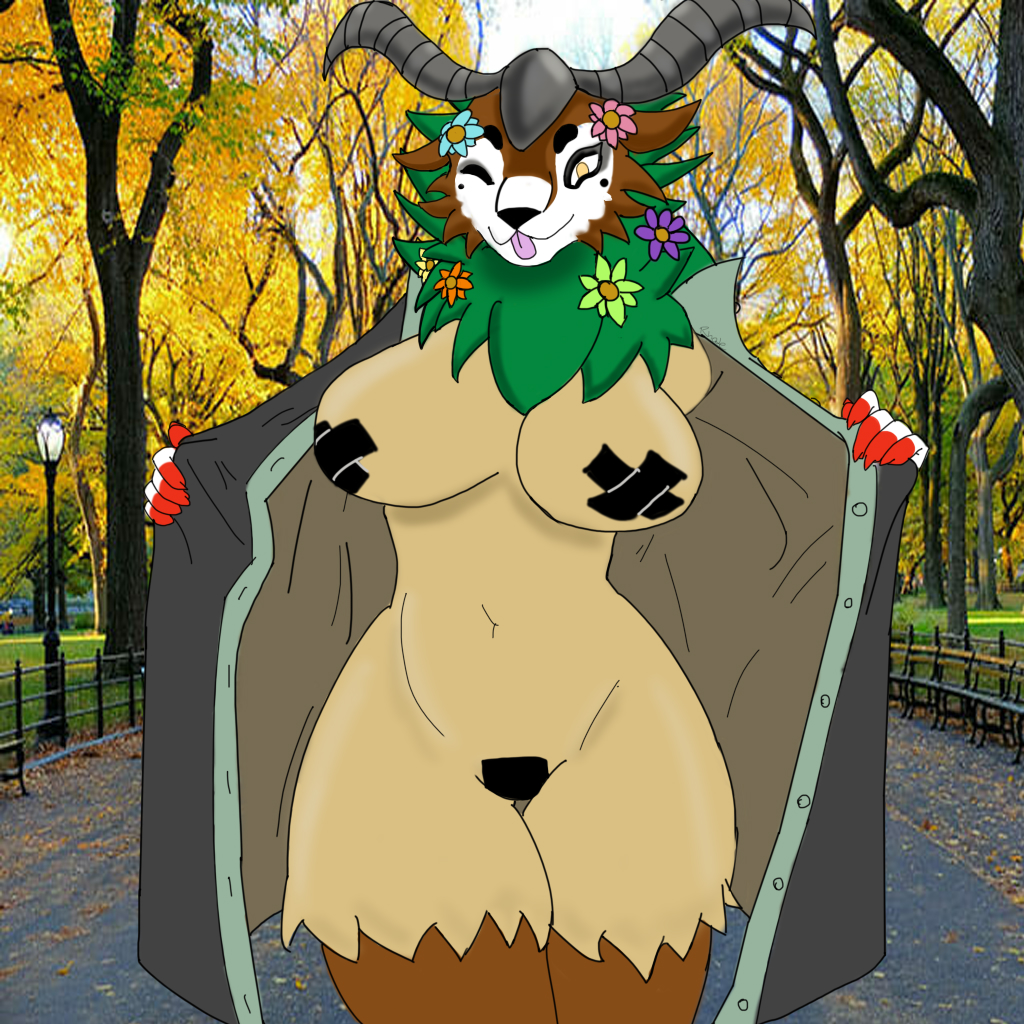 accessory anthro big_breasts bovid breasts caprine exhibitionism female flower flower_in_hair giselle gogoat hair hair_accessory mammal nintendo pasties plant pok&eacute;mon pok&eacute;mon_(species) rhode_arts solo tongue tongue_out video_games