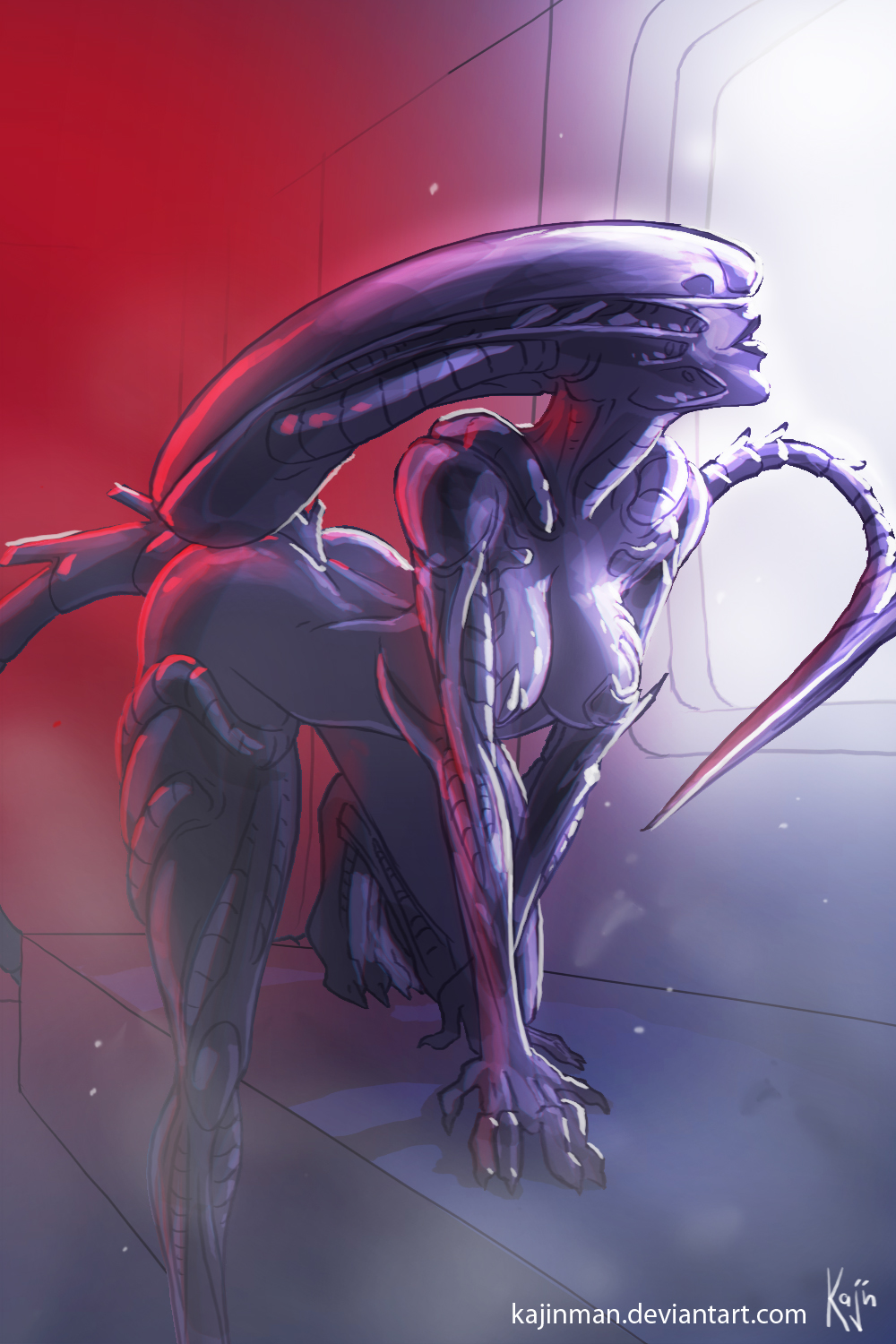 alien alien_(franchise) breasts female fingers hi_res kajinman purple_body signature solo text url xenomorph