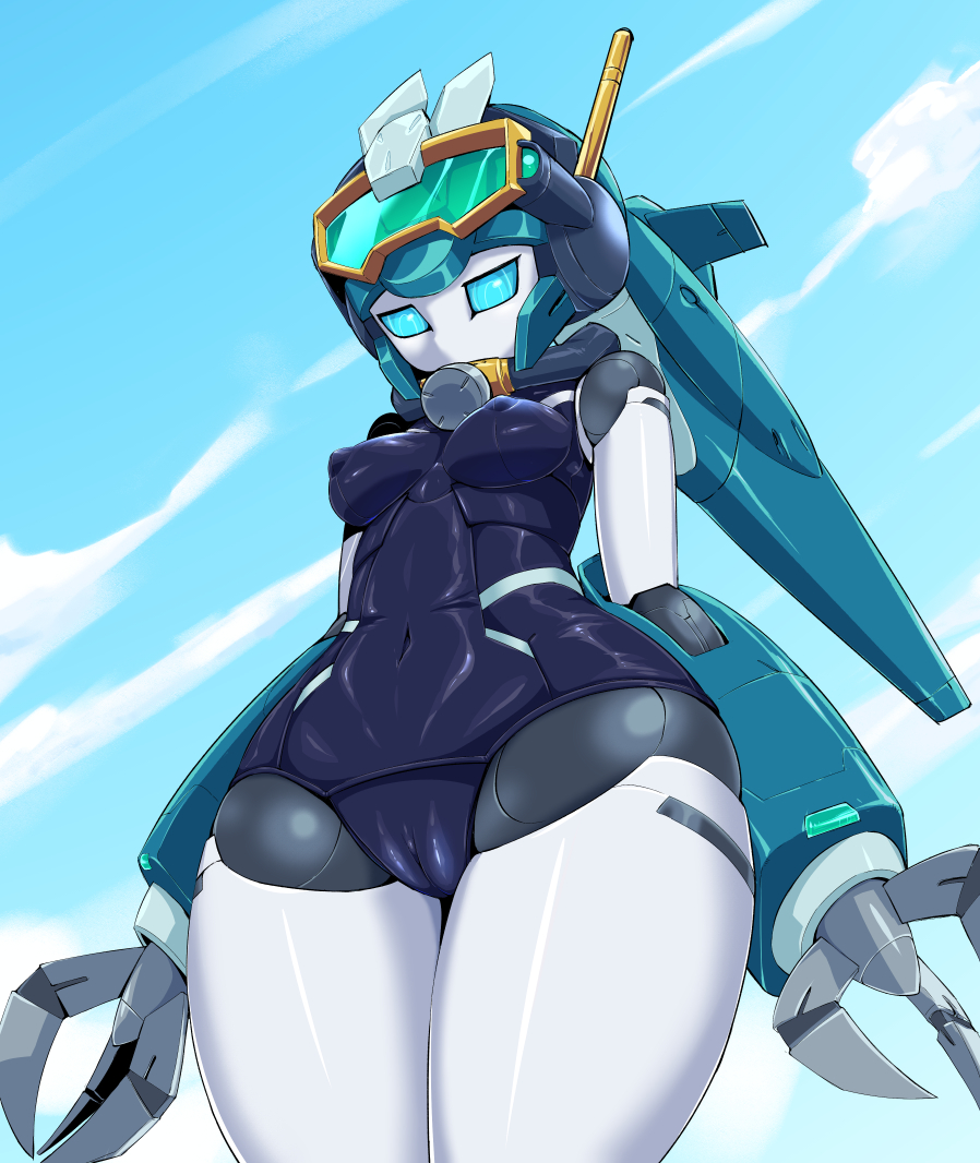 1girl blue_eyes blue_hair blue_sky blue_swimsuit breasts cameltoe colored_skin copyright_request covered_navel covered_nipples cowboy_shot day diving_mask diving_mask_on_head fewer_digits goggles goggles_on_head joints legs_together looking_down medium_breasts one-piece_swimsuit outdoors pochincoff ponytail robot robot_joints sky snorkel solo standing swimsuit white_skin