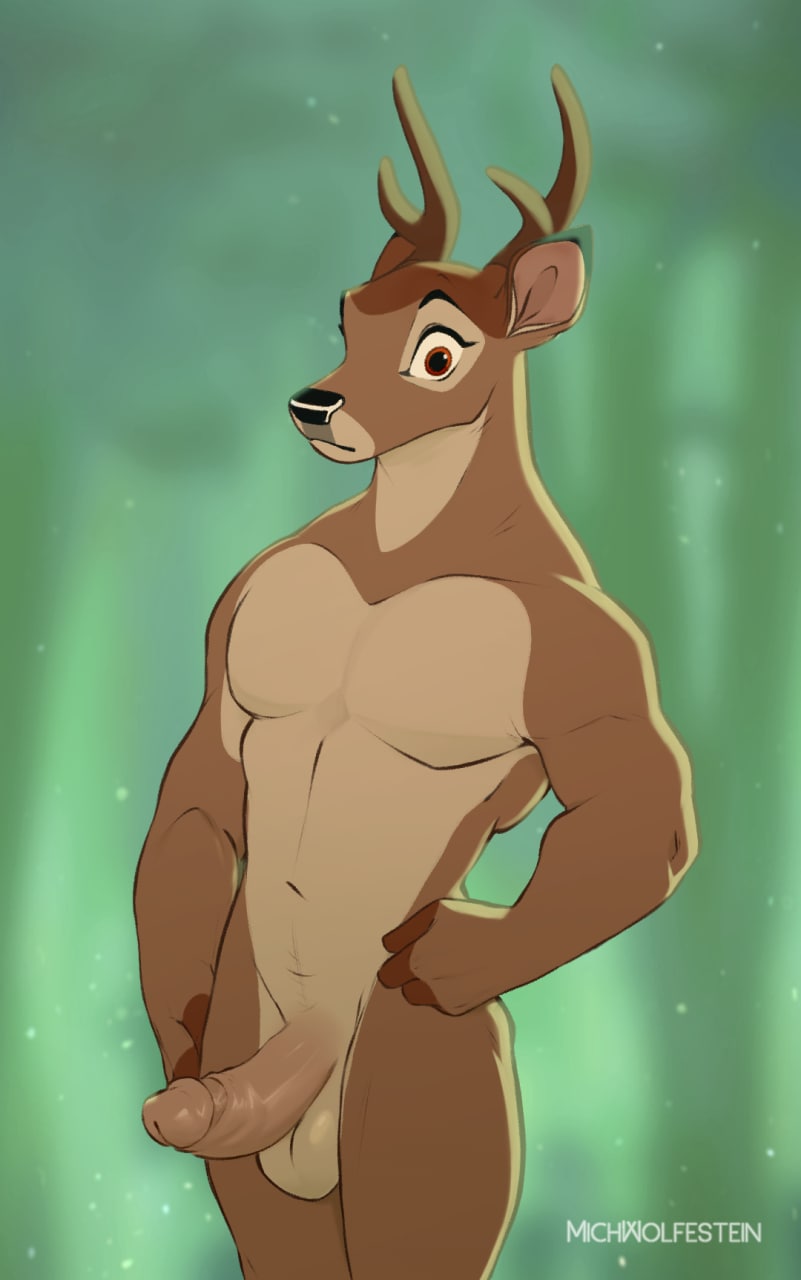 2022 anthro anthrofied antlers balls bambi bambi_(film) capreoline cervid disney erection genitals hi_res horn humanoid_genitalia humanoid_penis looking_at_viewer male mammal michwolfestein muscular muscular_anthro muscular_male pecs penis portrait solo three-quarter_portrait