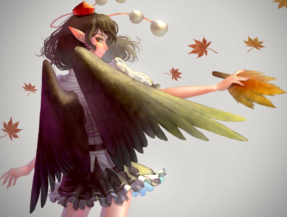 1girl autumn_leaves bird_wings black_hair black_skirt black_wings channel_ikihaji closed_mouth collared_shirt commentary_request cowboy_shot feathered_wings frilled_skirt frills hat hauchiwa leaf looking_back miniskirt pointy_ears pom_pom_(clothes) puffy_short_sleeves puffy_sleeves red_eyes red_headwear ribbon-trimmed_skirt ribbon_trim shameimaru_aya shirt short_sleeves skirt smile tokin_hat touhou white_shirt wings