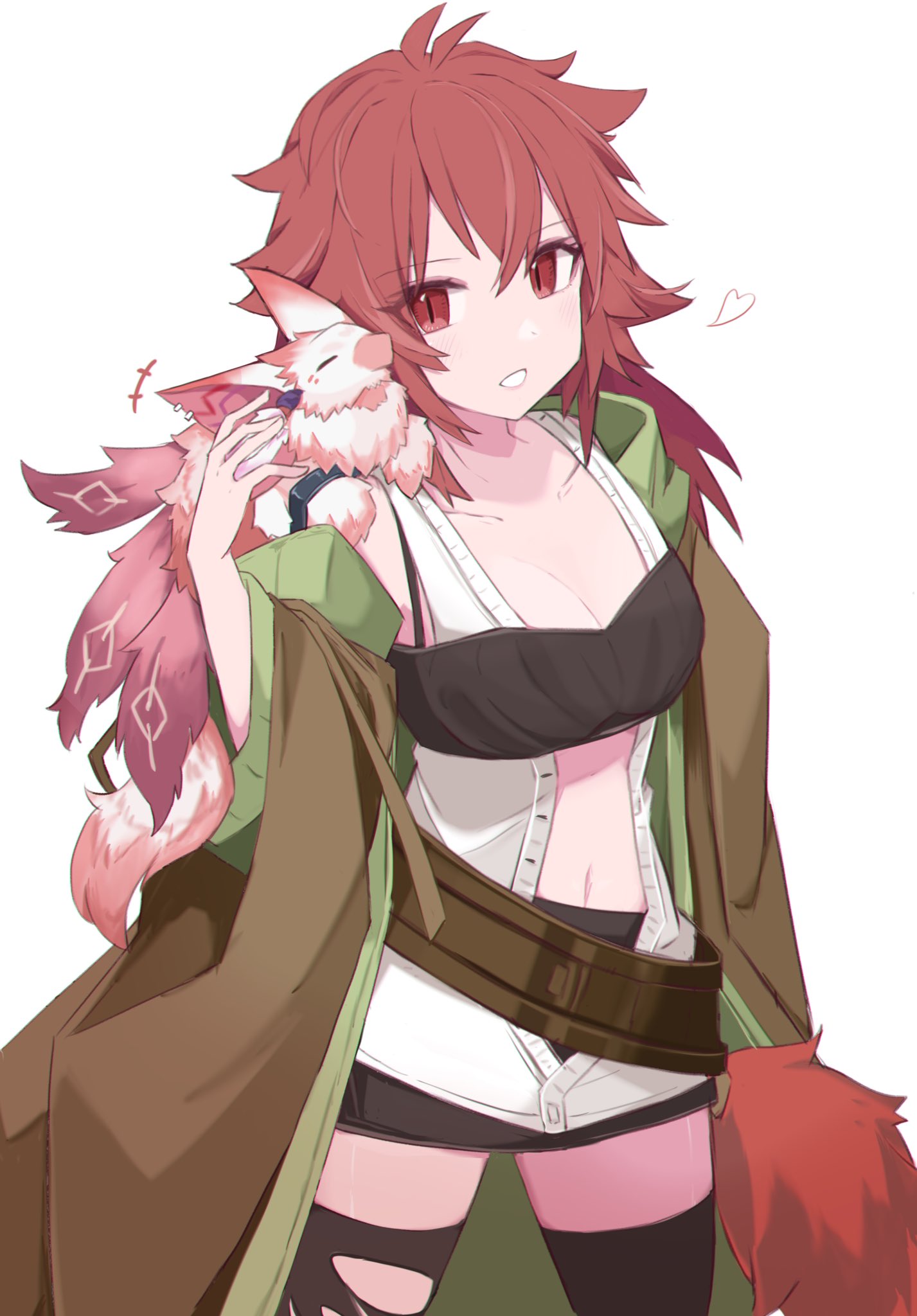 1girl bandeau belt breasts cleavage closed_eyes cowboy_shot creature creature_on_shoulder duel_monster heart highres hiita_the_fire_charmer hiita_the_fire_charmer_ablaze long_hair medium_breasts messy_hair miniskirt on_shoulder open_clothes open_robe partially_unbuttoned petting pom_pom_(clothes) red_eyes red_hair robe sakuragi_raia simple_background skirt standing stomach thighhighs torn_clothes torn_legwear white_background yu-gi-oh!