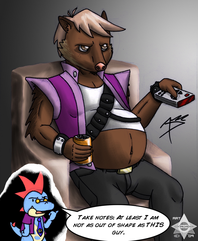 2009 alex_trefur alternate_species annoyed anthro arbok_x bandolier belly beverage_can big_belly biped black_clothing black_eyes blue_body blue_spots blue_tail bottomless bracelet brown_eyes brown_fur brown_hair bulge chair cheek_tuft chibi clothed clothing collared_peccary controller crocodilian croconaw dialogue digital_drawing_(artwork) digital_media_(artwork) dot_eyes duo ears_back english_text eyebrows eyewear fan_character fangs frown fully_clothed fur fur_tuft gesture glasses gradient_background grey_background hair holding_can holding_object humiliation inner_ear_fluff jacket jaul_the_croconaw jeans jewelry looking_up male mammal midriff navel necktie nintendo on_chair open_frown open_mouth outie_navel pants peccary pig_nose pince-nez pink_nose pink_tongue pointing pok&eacute;mon pok&eacute;mon_(species) pot_belly potbelly purple_clothing remote_control reptile scalie shirt short_hair simple_background sitting snout solo_focus speech_bubble spiked_tail spikes spots spotted_body suina tan_body text tongue tuft two_tone_body video_games watermark white_clothing