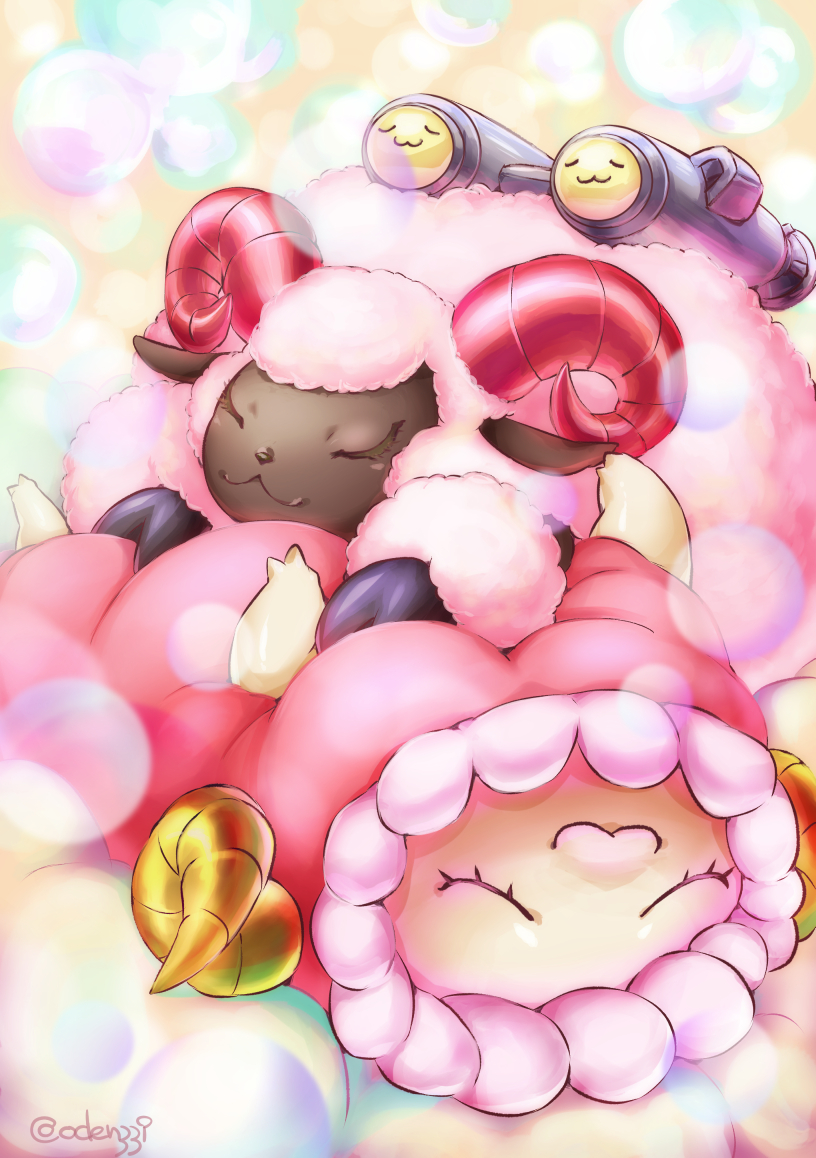 bandai_namco cuddling digimon duo fluffy fur horn missile missile_launcher odenzzi pilomon pink_body pink_fur sheepmon sleeping wool_(fur)