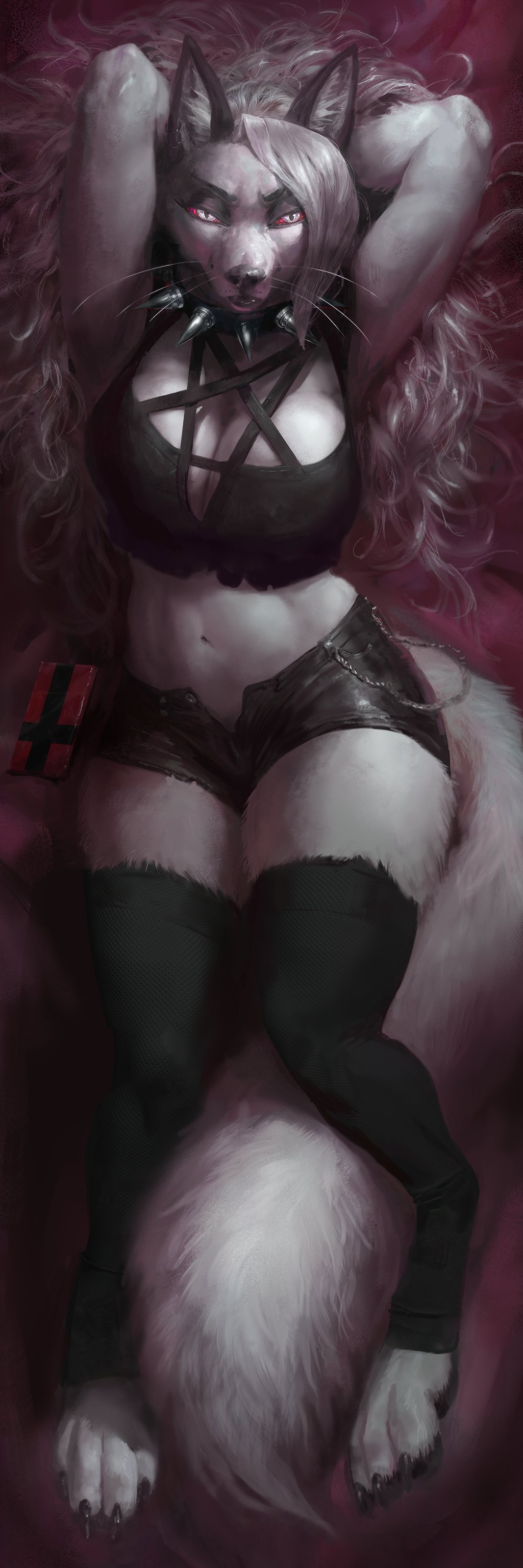2022 absurd_res anthro canid canid_demon claws clothing collar demon female fur hair hellhound helluva_boss hi_res legwear long_hair looking_at_viewer loona_(helluva_boss) lying mammal navel on_back solo spectrumshift spiked_collar spikes toe_claws