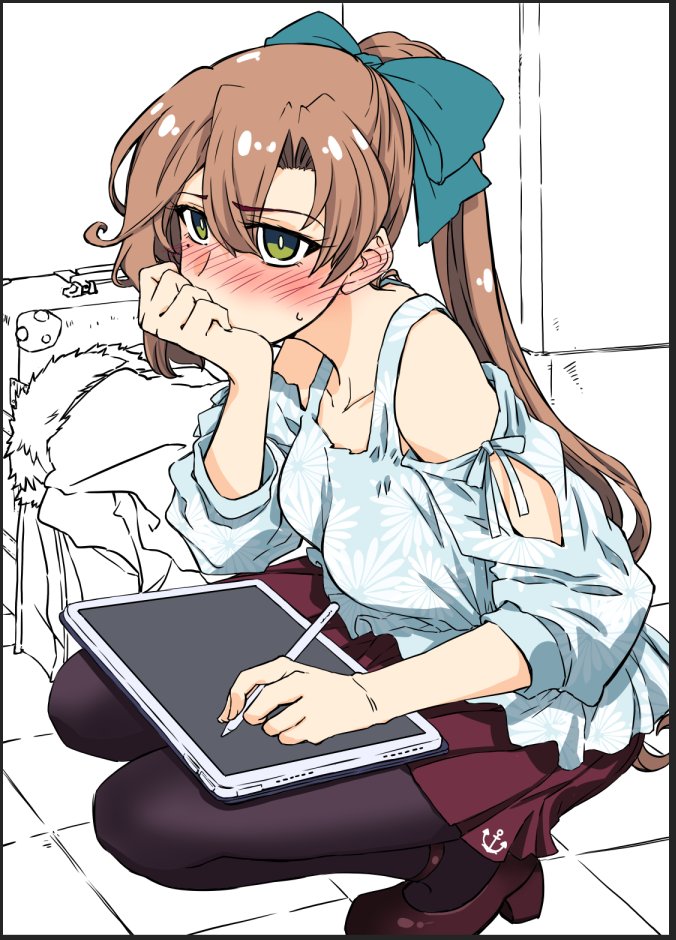 1girl akigumo_(kancolle) anchor_symbol bangs bare_shoulders blush bow breasts brown_hair clothing_cutout drawing_tablet green_bow green_eyes hair_bow head_rest holding holding_stylus kantai_collection left-handed long_hair long_sleeves luggage medium_breasts mole mole_under_eye pantyhose pleated_skirt ponytail ribbon shoulder_cutout skirt solo squatting stylus suitcase sweatdrop takana_shinno