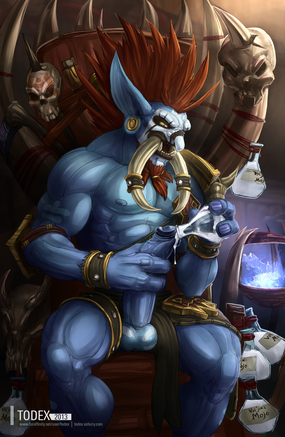 2013 3_fingers balls big_penis blizzard_entertainment bodily_fluids bone cum cum_in_bottle cum_in_jar erection fingers genital_fluids genitals hi_res male masturbation penile penile_masturbation penis skull solo todex troll video_games vol'jin_(warcraft) warcraft