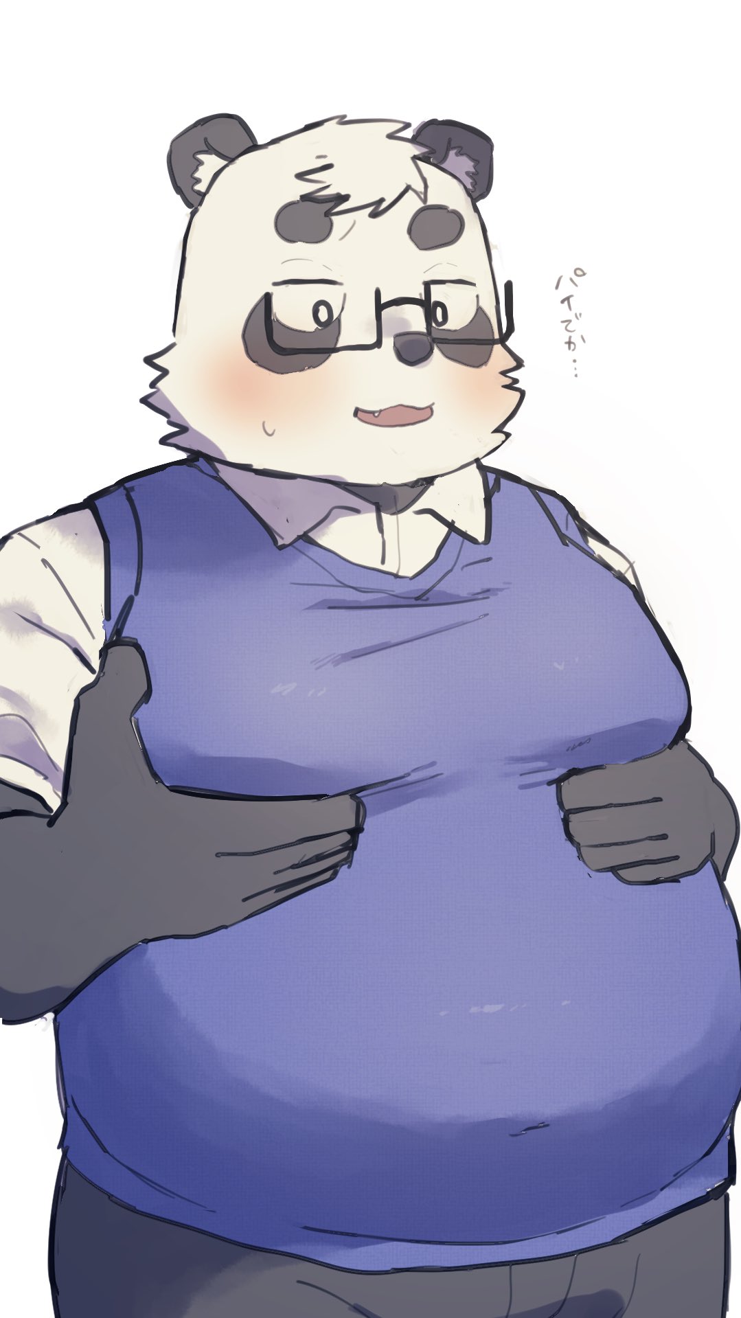 2022 a_vwxyz anthro belly big_belly black_body black_nose blush bodily_fluids clothing eyewear giant_panda glasses gomibako_xxxx hi_res japanese_text kemono male mammal overweight overweight_male sasayama_akira shirt solo sweat sweater sweater_vest text topwear ursid vest virtual_youtuber