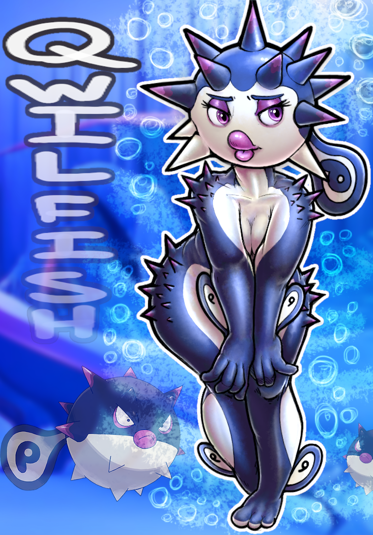 abstract_background anthro blue_body bubble english_text female fin fish hisuian_qwilfish hoedeer lips marine nintendo nude pok&eacute;mon pok&eacute;mon_(species) pufferfish purple_eyes qwilfish regional_form_(pok&eacute;mon) solo spines tetraodontiform text video_games