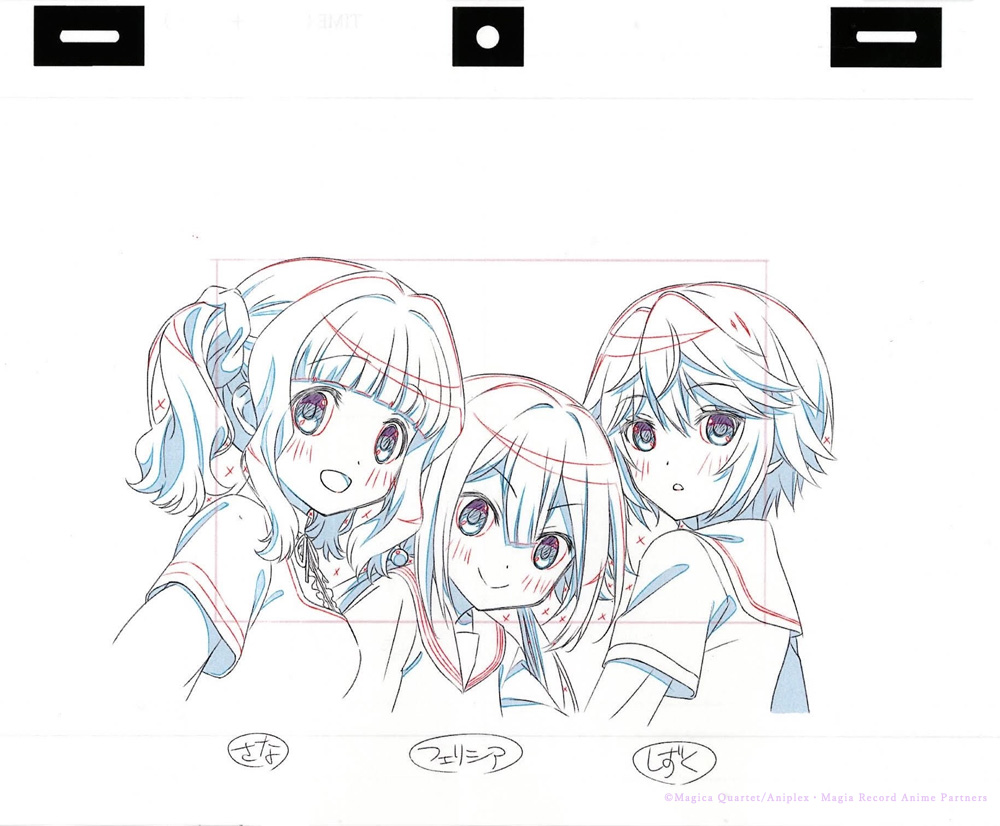 3girls :d :o animation_paper aniplex arms_at_sides artist_request bangs blunt_bangs breasts center_frills character_name chuuou_academy_uniform closed_mouth color_trace dot_nose expressionless eyebrows_visible_through_hair eyelashes frills futaba_sana hair_between_eyes hair_bobbles hair_ornament hair_scrunchie happy high_collar hozumi_shizuku key_frame layered_sleeves leaning_forward light_blush lineup long_eyelashes long_sleeves looking_at_viewer looking_back low_twintails magia_record:_mahou_shoujo_madoka_magica_gaiden mahou_shoujo_madoka_magica medium_breasts mitsuki_felicia mizuna_girls'_academy_uniform multiple_girls neck_ribbon official_art open_mouth parted_bangs parted_lips partially_colored production_art ribbon sailor_collar sankyouin_academy_uniform school_uniform scrunchie short_hair short_over_long_sleeves short_sleeves sidelocks simple_background smile smirk spiked_hair tareme tsurime twintails upper_body wavy_hair white_background