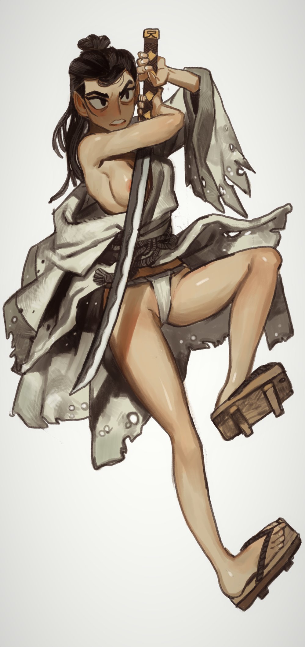 1girl arm_out_of_sleeve armpits black_eyes black_hair breasts clenched_teeth full_body fundoshi genderswap genderswap_(mtf) geta hadanugi_dousa hair_bun highres holding holding_sword holding_weapon japanese_clothes katana kimono medium_breasts mossacannibalis nipple_slip nipples off_shoulder parted_lips samurai_jack samurai_jack_(character) sandals sanpaku simple_background solo sword teeth torn_clothes two-handed weapon white_background