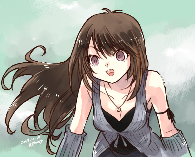 1girl arm_warmers black_hair breasts brown_eyes dated final_fantasy final_fantasy_viii jewelry long_hair looking_at_viewer necklace open_mouth peso_kongari rinoa_heartilly sleeveless_duster smile solo twitter_username