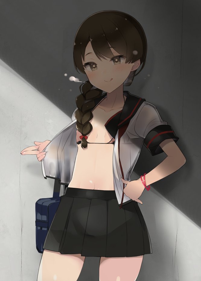 1girl :q bag bangs bikini bikini_top_only black_bikini black_sailor_collar black_skirt blush bracelet braid breasts brown_eyes brown_hair hand_on_hip jewelry kantai_collection long_hair nipples one_breast_out open_clothes open_shirt pleated_skirt sailor_collar school_uniform see-through see-through_shirt serafuku shade shin_(new) shirt short_sleeves single_braid skirt small_breasts solo swimsuit tongue tongue_out uranami_(kancolle)
