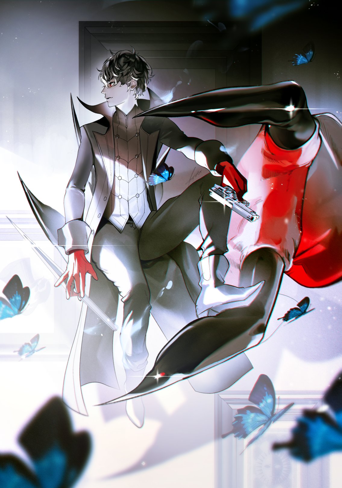 1boy amamiya_ren arsene_(persona_5) bangs black_coat black_hair black_pants blue_butterfly boots btmr_game bug butterfly claws coat dagger gloves gun hair_between_eyes handgun highres holding holding_dagger holding_gun holding_weapon knife long_sleeves male_focus pants parted_lips persona persona_5 profile red_gloves signature sitting sparkle weapon