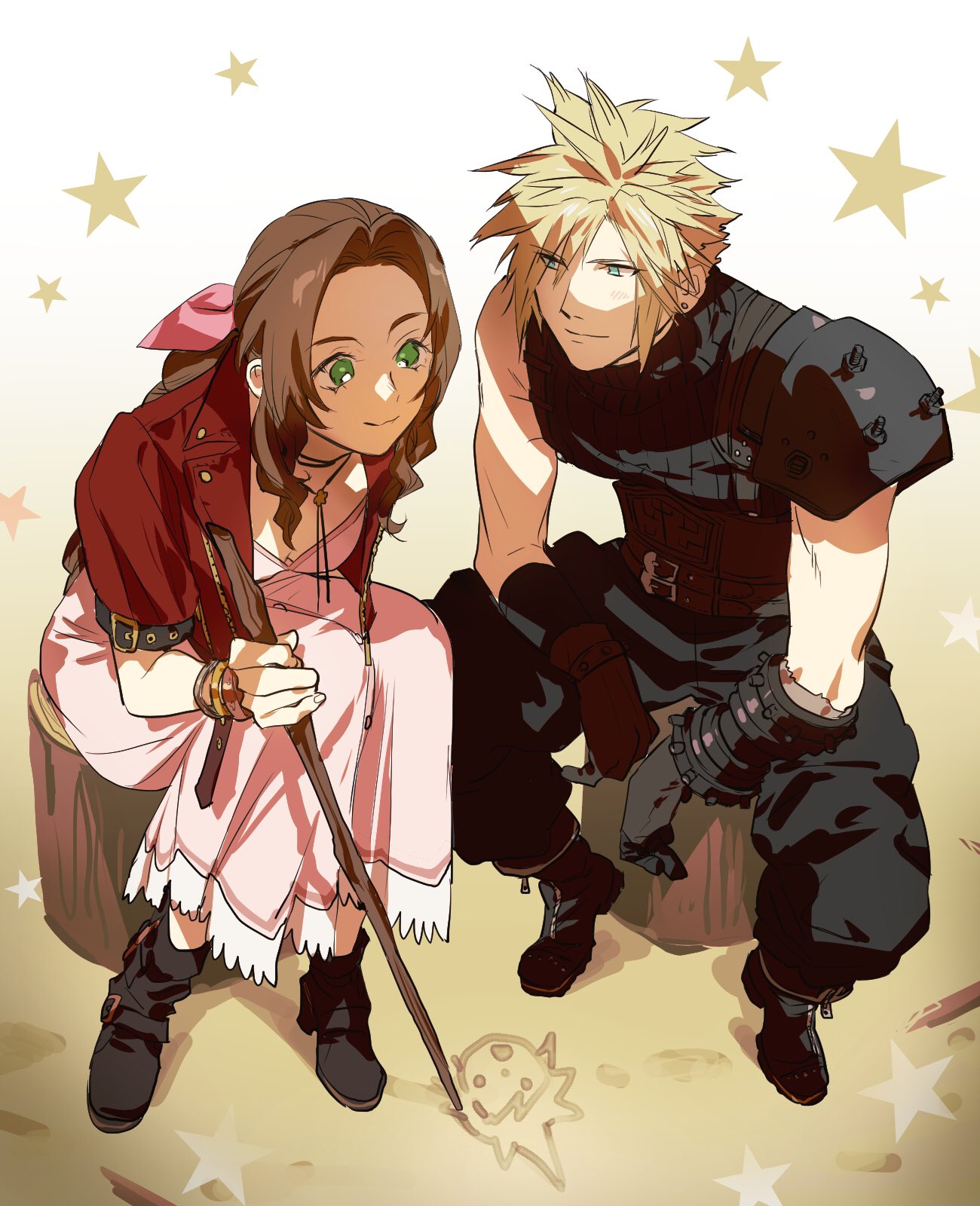 1boy 1girl aerith_gainsborough armor bangs belt blonde_hair blue_eyes boots bracelet breasts brown_hair choker cloud_strife couple cropped_jacket drawing dress final_fantasy final_fantasy_vii final_fantasy_vii_remake full_body gloves green_eyes hair_ribbon highres jacket jewelry log long_dress medium_breasts multiple_belts parted_bangs pink_dress red_jacket ribbon shoulder_armor sidelocks sitting sleeveless sleeveless_turtleneck smile spiked_hair star_(symbol) stick suspenders talesofmea turtleneck