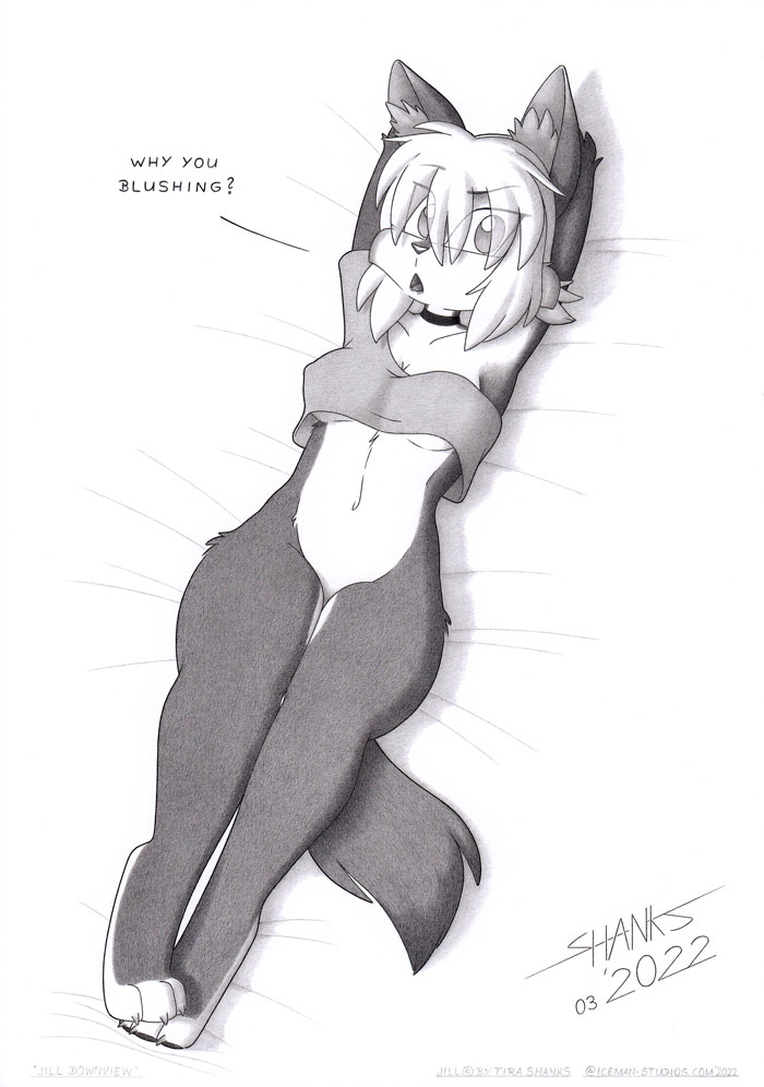 anthro bed belly bottomless breasts canid canine canis claws clothed clothing female furniture jill_(disambiguation) lying lying_on_bed mammal navel no_underwear on_back on_bed paws solo tirashanks_(artist) toony wolf