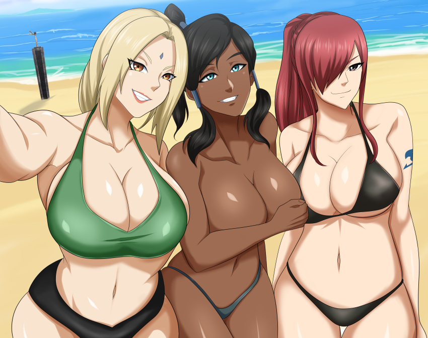 2021 5:4 alternate_breast_size arm_tattoo asts avatar:_the_last_airbender beach big_breasts bikini bird's-eye_view black_bikini black_bikini_bottom black_bikini_top black_clothing black_hair black_swimwear blonde_hair blue_eyes blue_tattoo bra breasts brown_eyes clothed clothing confident covering covering_breasts dark_body dark_skin erza_scarlet eskimo fairy_tail female front_view glistening glistening_body glistening_breasts glistening_hair glistening_legs glistening_skin green_bikini_top green_bra green_clothing green_underwear group hair happy high-angle_view korra light-skinned_female lipstick makeup naruto nickelodeon one_eye_obstructed one_eye_visible orange_eyes pigtails red_hair sand sea seaside selfie short_pigtails smile swimwear tattoo the_legend_of_korra tomboy topless topless_female trio trio_focus tsunade underwear unknown_artist water water_tribe