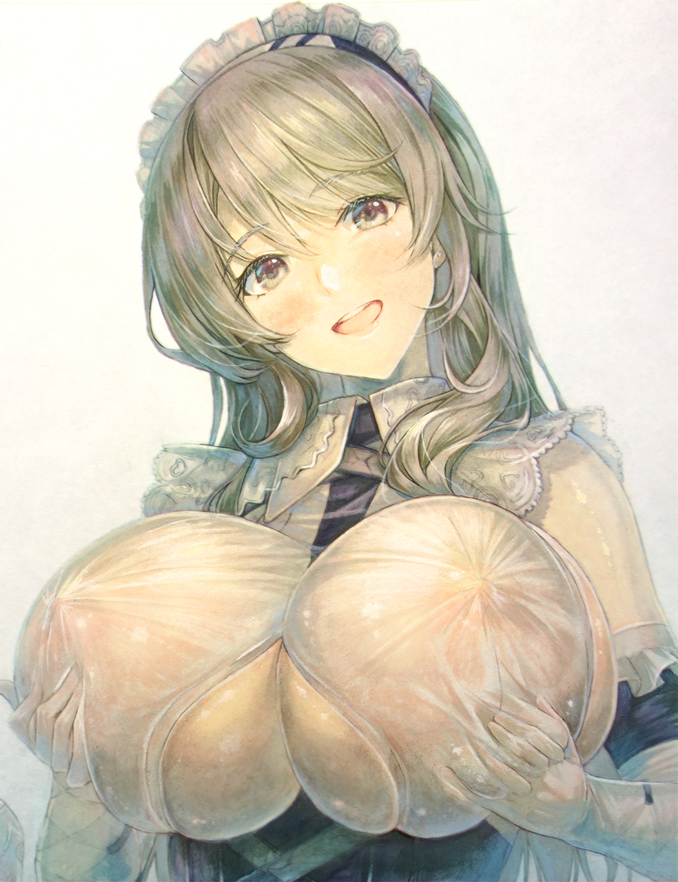 1girl ashermes azur_lane breast_grab breast_lift breasts charybdis_(azur_lane) covered_nipples gloves grabbing grey_eyes grey_hair highres huge_breasts long_hair looking_at_viewer maid maid_headdress open_mouth see-through see-through_shirt shirt simple_background solo underboob upper_body wet wet_clothes wet_shirt white_background white_gloves