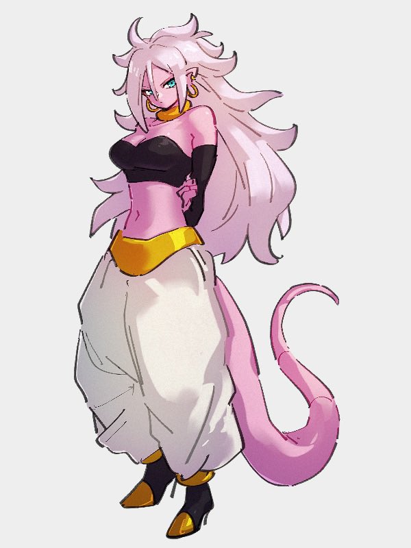 1girl android_21 blue_eyes choker colored_skin dragon_ball dragon_ball_fighterz full_body hair_between_eyes kemachiku long_hair looking_at_viewer majin_android_21 midriff navel pink_skin pointy_ears solo standing tail white_hair yellow_choker