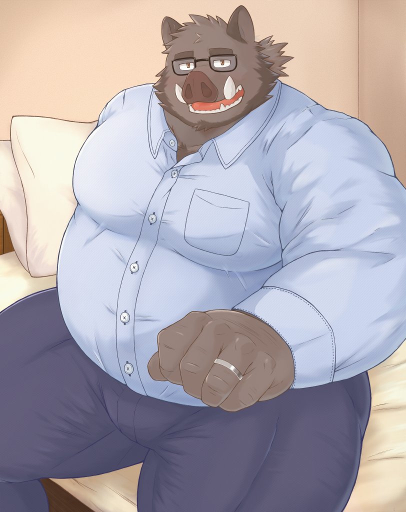 2022 anthro bed bedroom belly big_belly bottomwear brown_body clothing eyewear furniture glasses humanoid_hands inside kemono male mammal nanntaro obese obese_male overweight overweight_male pants pillow shirt sitting solo suid suina sus_(pig) topwear wild_boar