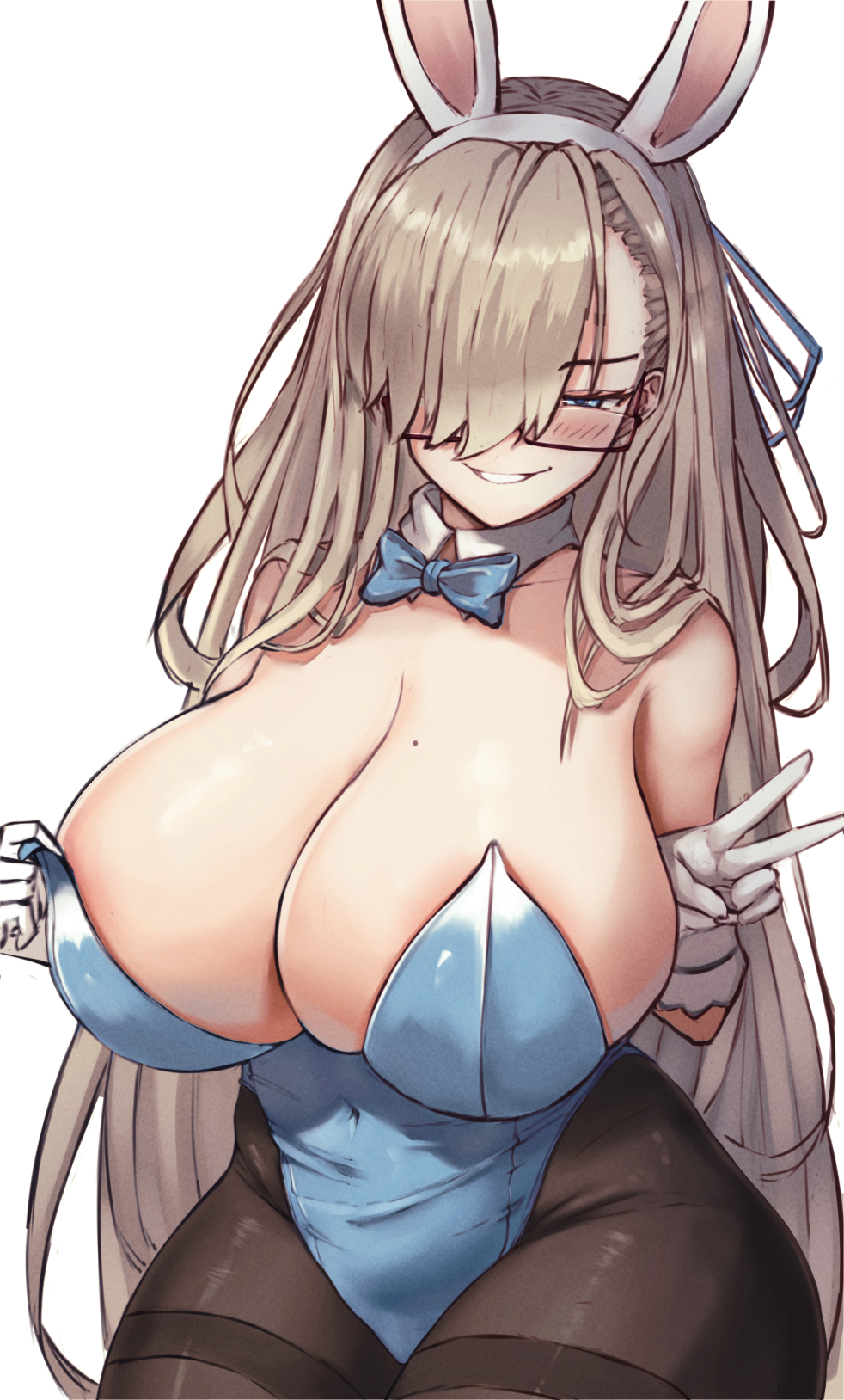 1girl animal_ears asuna_(blue_archive) asuna_(bunny_girl)_(blue_archive) blonde_hair blue_archive blue_leotard bow bowtie breasts cleavage commentary covered_navel detached_collar fake_animal_ears glasses hair_over_one_eye highres huge_breasts leotard long_hair looking_at_viewer mole mole_on_breast official_alternate_costume pantyhose playboy_bunny rabbit_ears rape_face simple_background smile solo teeth tentopus v very_long_hair white_background