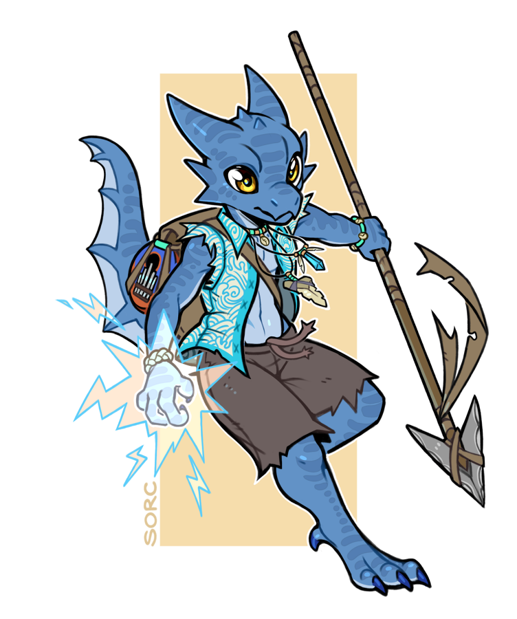 anthro bag blue_body clothed clothing jewelry kobold magic_user male melee_weapon necklace polearm solo sorc weapon