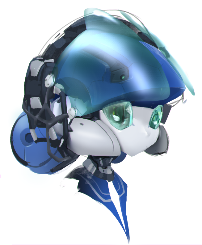 1girl blue_hair colored_skin copyright_request green_eyes no_mouth pochincoff portrait robot simple_background solo white_background white_skin