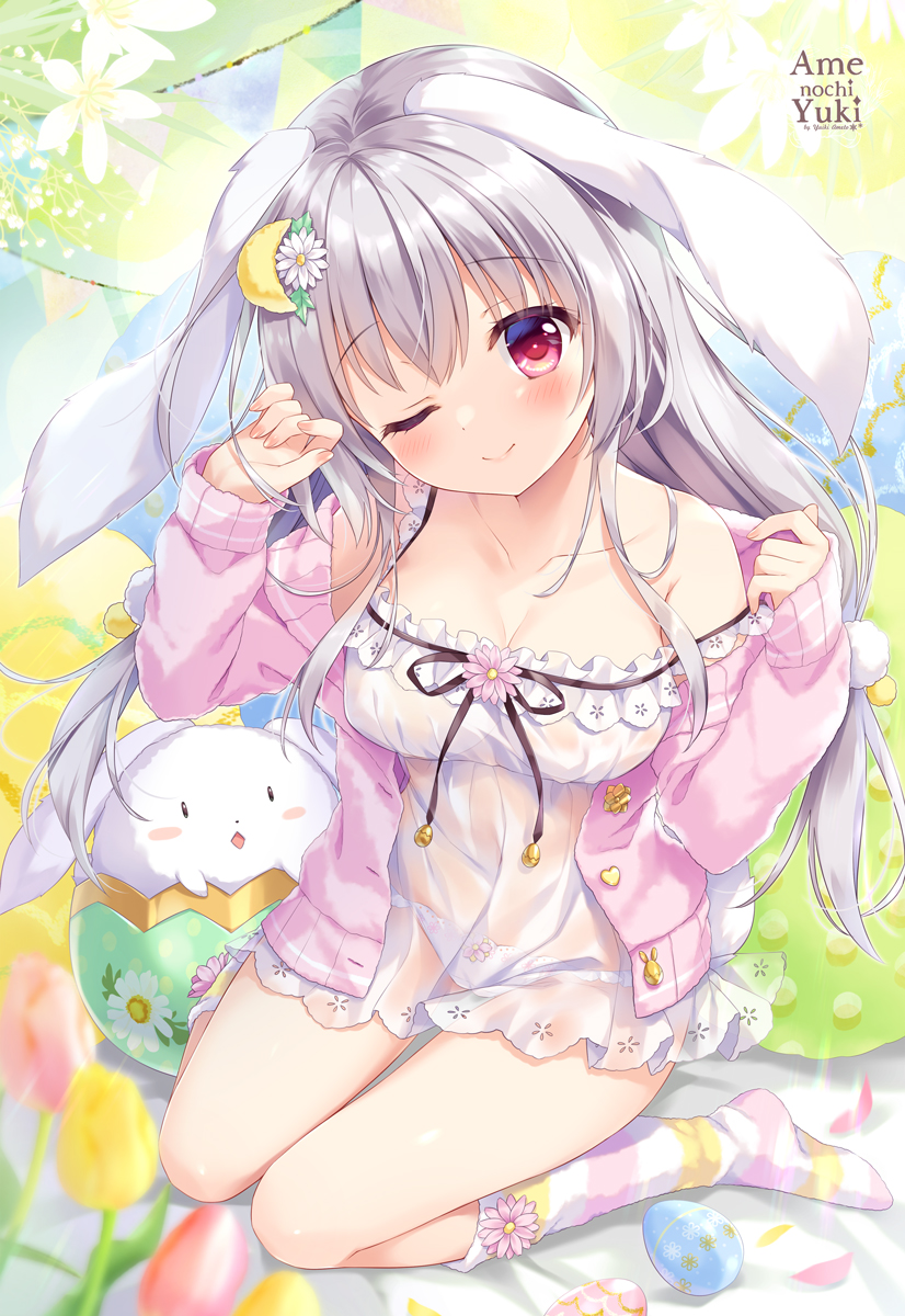 1girl ;) ameto_yuki animal animal_ears artist_name bangs blurry blurry_foreground blush bunny closed_mouth commentary_request crescent crescent_hair_ornament depth_of_field dress easter_egg egg eyebrows_visible_through_hair flower grey_hair hair_between_eyes hair_flower hair_ornament head_tilt highres jacket long_hair no_shoes off_shoulder one_eye_closed open_clothes open_jacket original panties pink_flower pink_jacket rabbit_ears rabbit_girl rabbit_tail red_eyes see-through smile socks solo strap_slip striped striped_legwear tail tulip underwear very_long_hair white_dress white_flower white_panties yellow_flower