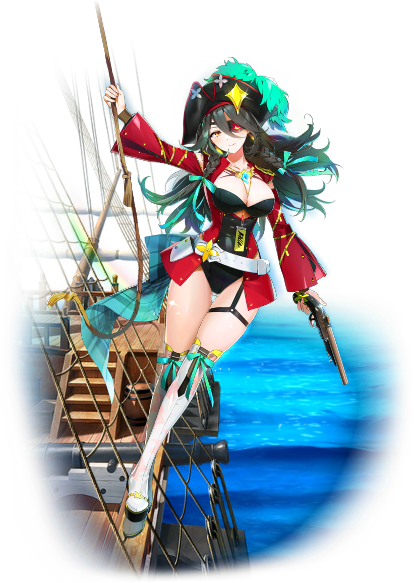 1girl antique_firearm black_leotard blunderbuss boots braid breasts cannon closed_mouth epic_seven eyepatch flan_(epic_seven) full_body green_hair gun hair_ribbon hat holding holding_gun holding_weapon jacket large_breasts leotard looking_at_viewer ocean official_art open_clothes open_jacket pirate_captain_flan_(epic_seven) pirate_hat red_jacket ribbon ship smile solo thigh_boots thighhighs third-party_source transparent_background twin_braids watercraft weapon yellow_eyes