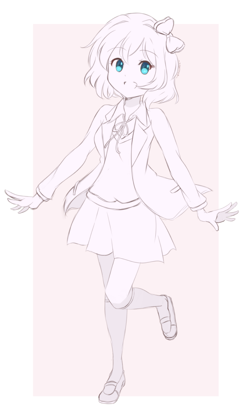 1girl artist_name blue_eyes border bow breasts chocomiru closed_mouth doki_doki_literature_club full_body highres long_sleeves looking_at_viewer mary_janes medium_breasts monochrome pink_background sayori_(doki_doki_literature_club) school_uniform shoes sketch skirt smile solo unfinished wavy_hair white_border