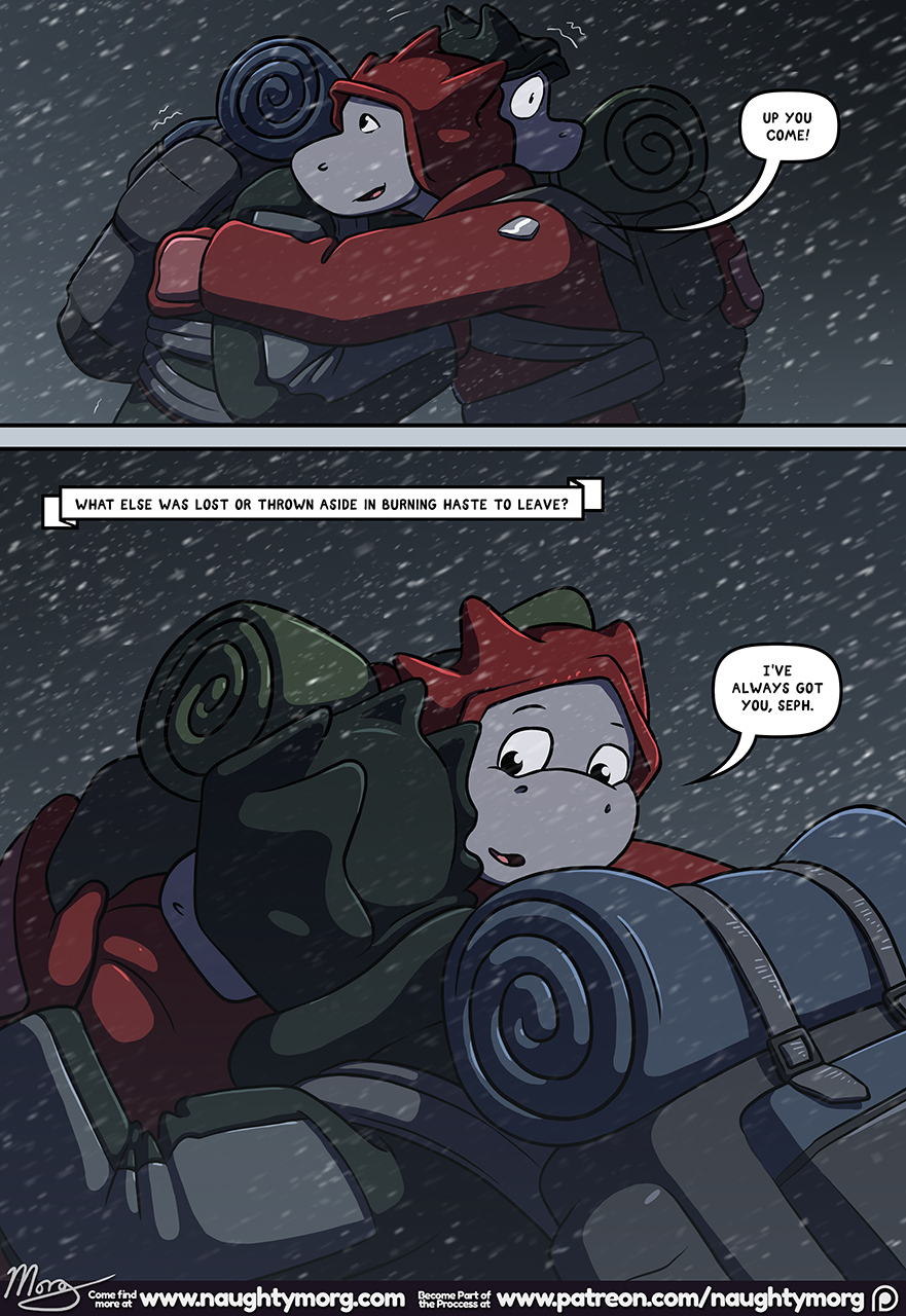 anthro backpack black_eyes blizzard_(weather) brother brothers clothing comforting comic dialogue dom_(naughtymorg) dragon duo embrace english_text gloves green_clothing grey_body grey_scales handwear hi_res hood hug male naughtymorg night outside patreon patreon_logo red_clothing scales scalie scared seph_(naughtymorg) sibling signature sky sleeping_bag text url wide_eyed wingless_dragon winter_coat