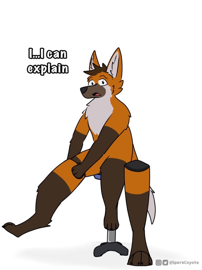 anthro brown_body brown_fur brown_hair canid canine caught dialogue ear_tuft fur hair humor looking_at_viewer male mammal maned_wolf open_mouth orange_body orange_fur simple_background sitting solo sparecoyote tuft white_background