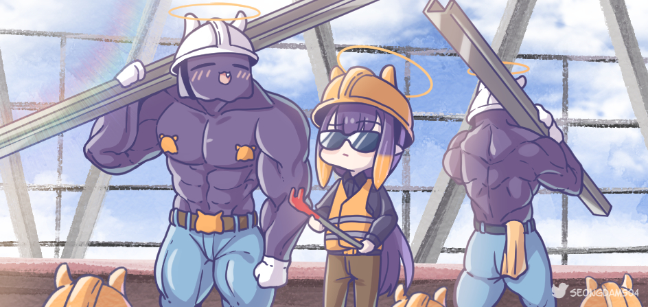 1girl bangs bara blush commentary construction_site construction_worker crowbar gloves halo hardhat helmet hololive hololive_english long_hair monja_(monja0521) multicolored_hair multiple_boys muscular ninomae_ina'nis open_mouth outdoors pointy_ears purple_hair steel_beam sunglasses tako_(ninomae_ina'nis) tentacle_hair vest virtual_youtuber