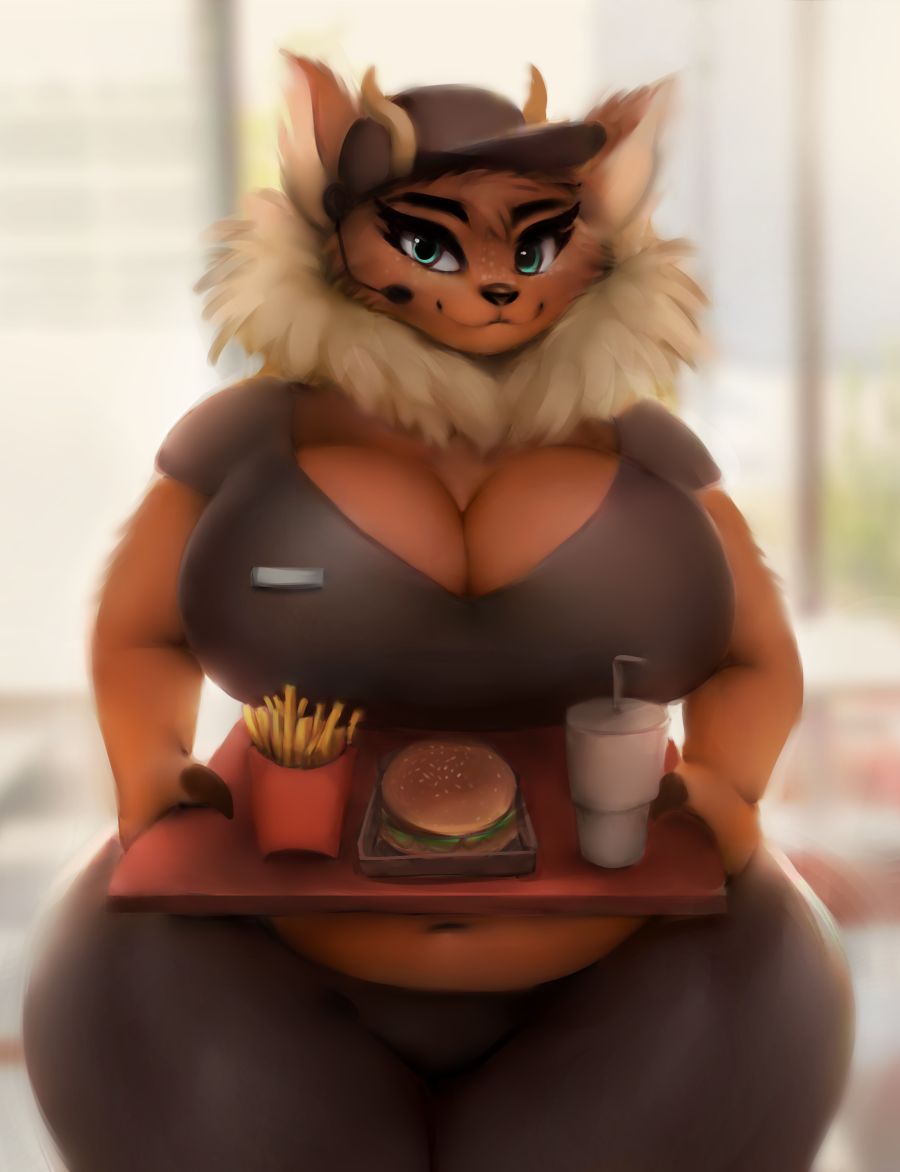 antelope anthro belly beverage big_breasts bongo_(antelope) bovid bovine breasts brown_body brown_fur burger chubby_female cinnamon_(wackywalrus270) cleavage clothed clothing female food fries fur green_eyes hat headgear headwear horn huge_breasts huge_hips huge_thighs ikiki inside mammal microphone name_tag navel neck_tuft overweight smile soda solo spiral-horned_antelope thick_thighs tray tuft wide_hips