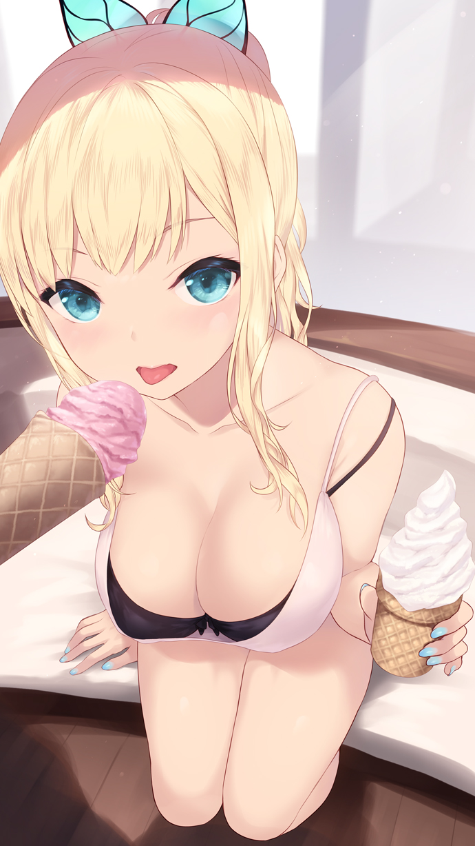 1girl bangs bare_shoulders black_bra blonde_hair blue_eyes blue_nails boku_wa_tomodachi_ga_sukunai bra breasts butterfly_hair_ornament cait_aron camisole cleavage collarbone commentary eyebrows_visible_through_hair food foreshortening hair_ornament high_ponytail highres holding holding_food ice_cream ice_cream_cone indoors kashiwazaki_sena large_breasts looking_at_viewer nail_polish sitting strap_slip thighs tongue tongue_out underwear wooden_floor