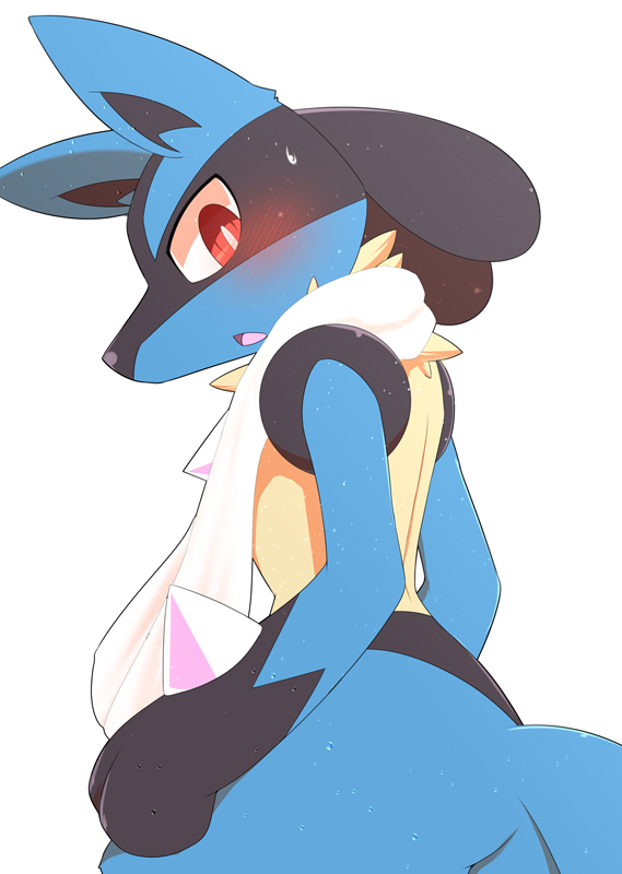 ahirulion anthro biped blue_body blush bodily_fluids canid canine chest_spike facial_markings head_markings lucario mammal markings mask_(marking) nintendo open_mouth pok&eacute;mon pok&eacute;mon_(species) red_eyes solo spikes spikes_(anatomy) sweat sweatdrop towel video_games