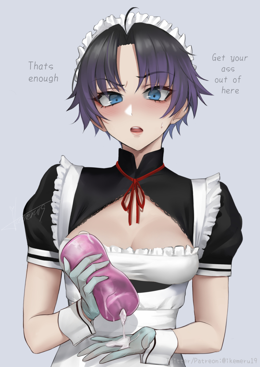 1boy artificial_vagina blue_background blue_eyes blush breasts cleavage crossdressing cum english_text gloves highres ikemeru19 looking_at_viewer maid_headdress male_focus manboobs original otoko_no_ko purple_hair sex_toy short_hair simple_background solo sweatdrop wrist_cuffs