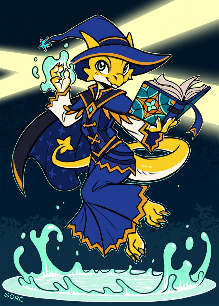 ambiguous_gender anthro blue_eyes book clothing floating hat headgear headwear kobold magic magic_user scalie solo sorc witch_hat yellow_body