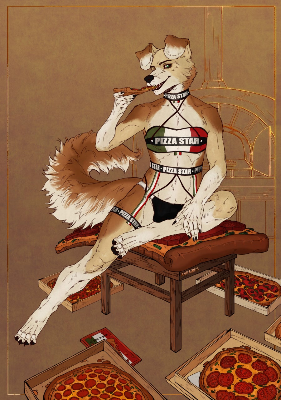 2021 4_toes anthro bulge canid canine canis clothing collar daven digitigrade domestic_dog english_text feet food hi_res italian_flag kartobes male mammal pizza solo text toes underwear