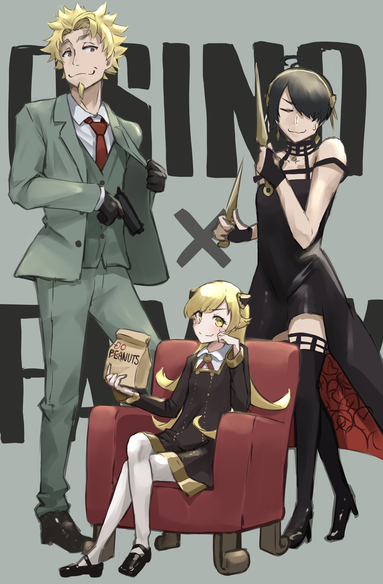 1girl 2boys anya_(spy_x_family) anya_(spy_x_family)_(cosplay) araragi_koyomi bag bare_shoulders black_choker black_dress black_footwear black_hair black_legwear blonde_hair blush bunoshii choker collarbone collared_shirt cosplay dagger dress dual_wielding earrings eden_academy_uniform elbow_rest embarrassed facial_hair formal full_body gold_earrings gold_hairband green_jacket green_pants green_suit gun hand_on_own_cheek hand_on_own_face head_rest highres holding holding_bag holding_dagger holding_gun holding_weapon horn_ornament horns jacket jewelry knife long_hair looking_at_viewer monogatari_(series) multiple_boys neck_ribbon oshino_meme oshino_shinobu pants red_tie ribbon rose_hair_ornament shirt short_hair sitting sleeveless sleeveless_dress smug spy_x_family suit thighhighs twilight_(spy_x_family) twilight_(spy_x_family)_(cosplay) weapon white_legwear white_shirt yellow_eyes yor_briar yor_briar_(cosplay) zettai_ryouiki