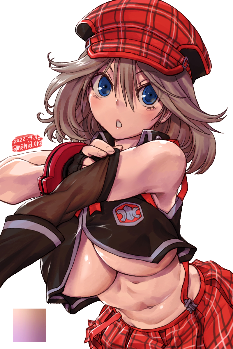 1girl alisa_ilinichina_amiella amania_orz blue_eyes breasts eyebrows_visible_through_hair fingerless_gloves gloves god_eater god_eater_burst hat highres large_breasts open_mouth plaid_headwear short_hair simple_background solo suspenders suspenders_slip underboob white_background