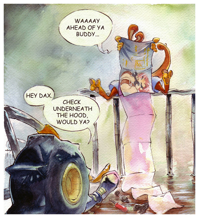 car daxter debean feet garage_(building) humor jak jak_and_daxter magazine male mammal mustelid naughty_dog ottsel painting_(artwork) pawpads paws sony_corporation sony_interactive_entertainment spread_toes tail_twist text toes tools traditional_media_(artwork) vehicle video_games watercolor_(artwork)