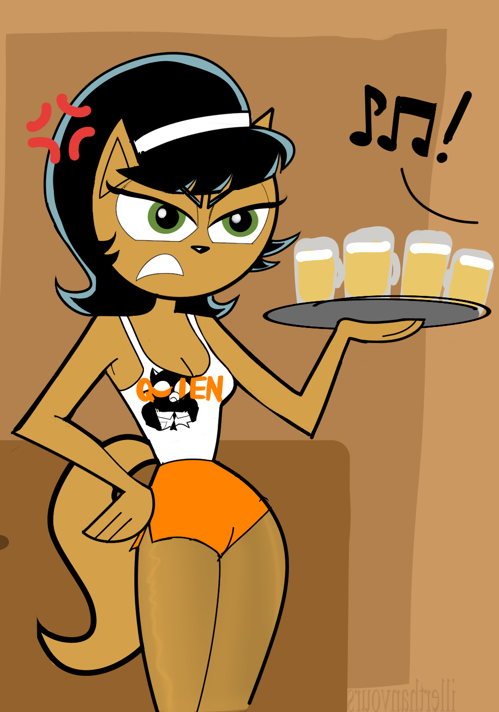 2022 alcohol anthro beer beverage black_hair bottomwear breasts cleavage clothed clothing cross-popping_vein digital_drawing_(artwork) digital_media_(artwork) domestic_cat felid feline felis female fur hair hi_res hooters_uniform illerthanyours kitty_katswell mammal nickelodeon shorts solo standing t.u.f.f._puppy tan_body tan_fur