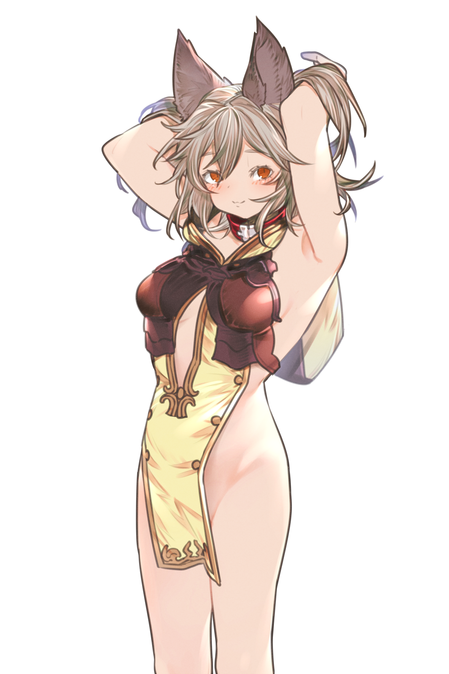 1girl animal_ears armpits arms_up backless_dress backless_outfit breasts collar dress erune granblue_fantasy grey_hair hair_between_eyes highres hood hood_down kochiya_(gothope) long_hair looking_at_viewer medium_breasts no_panties pelvic_curtain red_eyes revealing_clothes sen_(granblue_fantasy) smile solo white_background