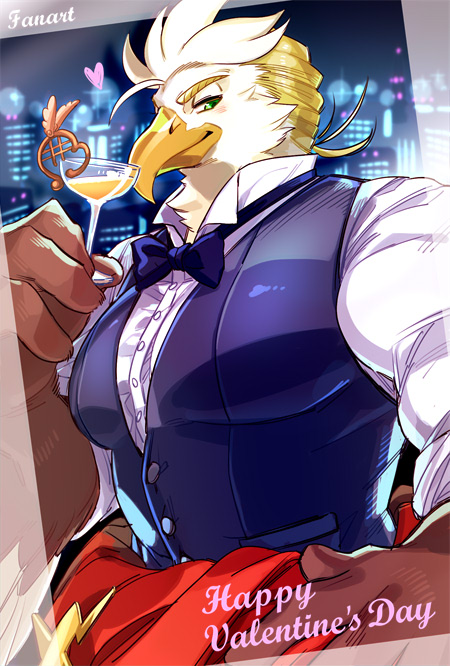 1boy 5_(1boshi) bara bartender beak bird_boy black_vest blonde_hair bow bowtie cityscape closed_mouth cocktail cocktail_glass collared_shirt commentary_request cup drinking_glass furry furry_male green_eyes half-closed_eyes happy_valentine heart large_pectorals male_focus pectorals seductive_smile shirt short_hair smile solo thunderbird_(housamo) tokyo_afterschool_summoners traditional_bowtie transparent_border upper_body valentine vest white_shirt