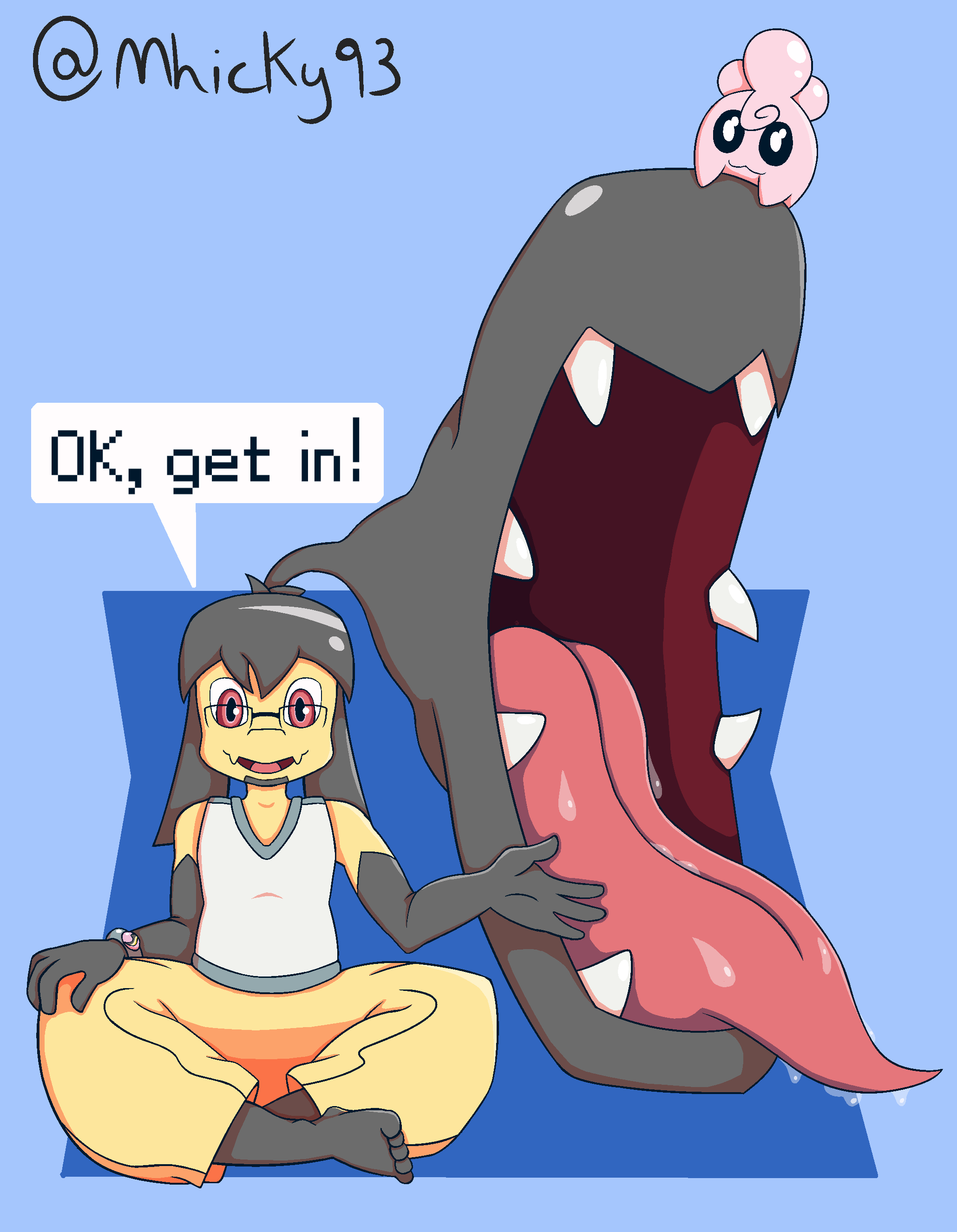 2_mouths absurd_res anthro bodily_fluids crossed_legs duo eyewear feet female glasses hi_res humanoid igglybuff large_tongue long_tongue male mawile meme mhicky93 multi_mouth nintendo pok&eacute;mon pok&eacute;mon_(species) saliva saliva_on_tongue salivating sitting toes tongue tongue_out video_games