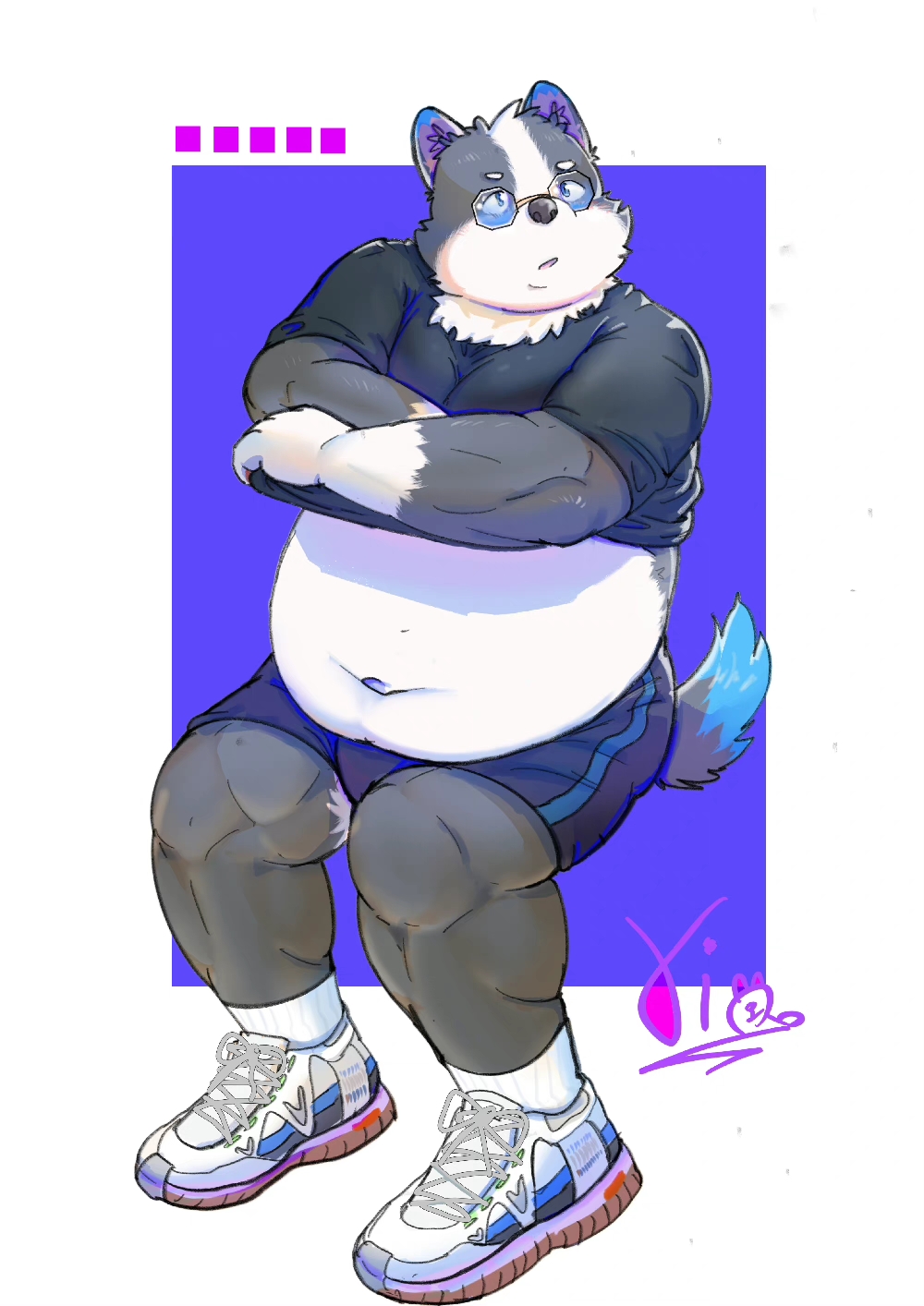 anthro belly big_belly bottomwear canid canine canis clothed clothing clothing_lift domestic_dog eyewear glasses grey_body hi_res kemono male mammal navel overweight overweight_male pixiv_id_4528489 shirt shirt_lift shorts sitting solo topwear white_body