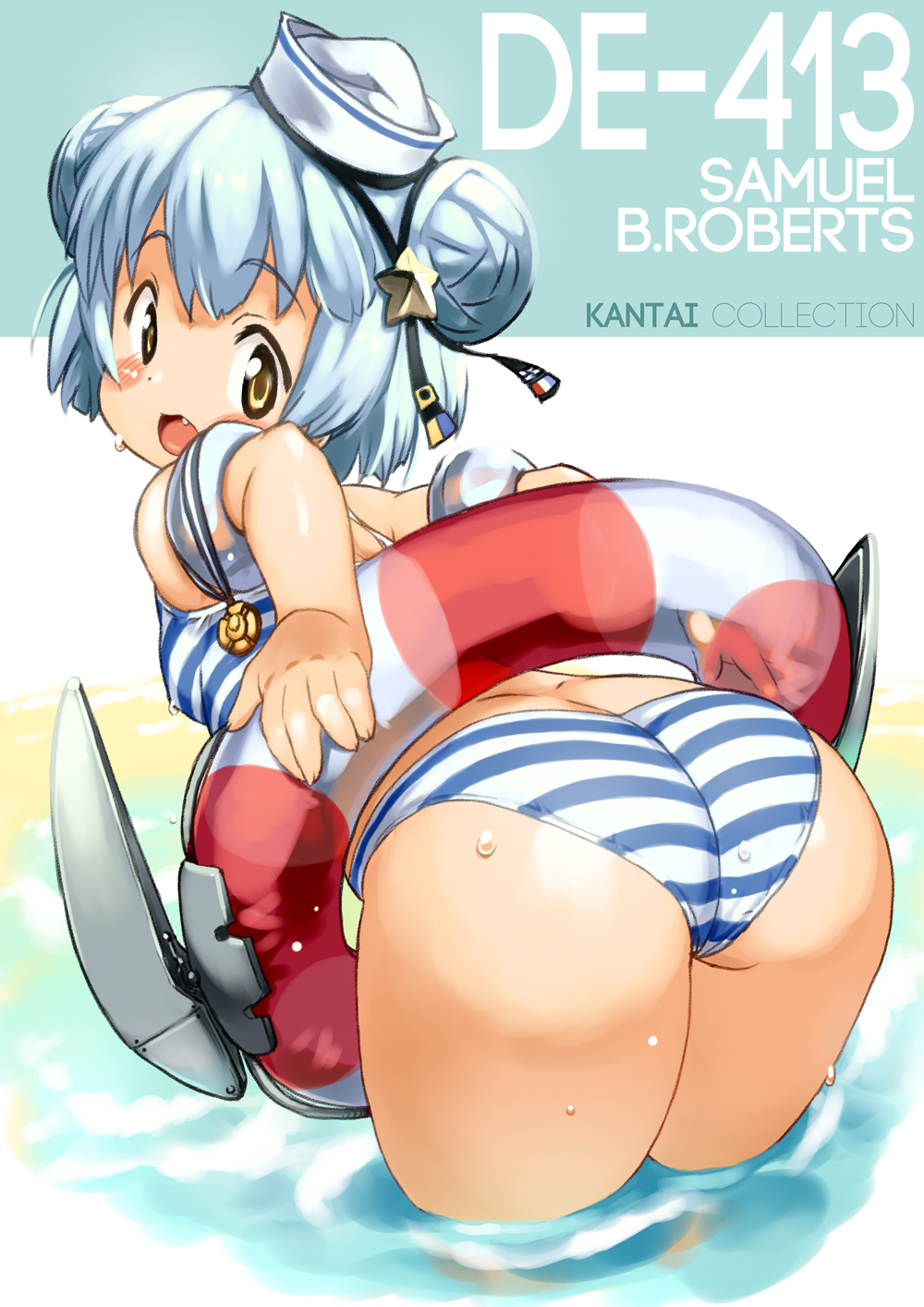 1girl ass bangs beach bent_over bikini blue_bikini blue_hair blush_stickers character_name commentary_request copyright_name dixie_cup_hat double_bun eyebrows_visible_through_hair fang from_behind hat highres inflatable_armbands innertube kantai_collection looking_at_viewer looking_back military_hat navy_cross open_mouth samuel_b._roberts_(kancolle) shiny shiny_skin short_hair sidelocks solo star_(symbol) striped striped_bikini swimsuit wading wet white_headwear yellow_eyes yu_3